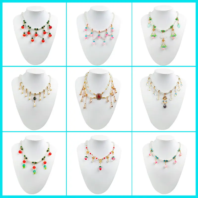 Children's Hanfu Necklace & Earrings Set Blue Light Pearl Collar Ancient Costume