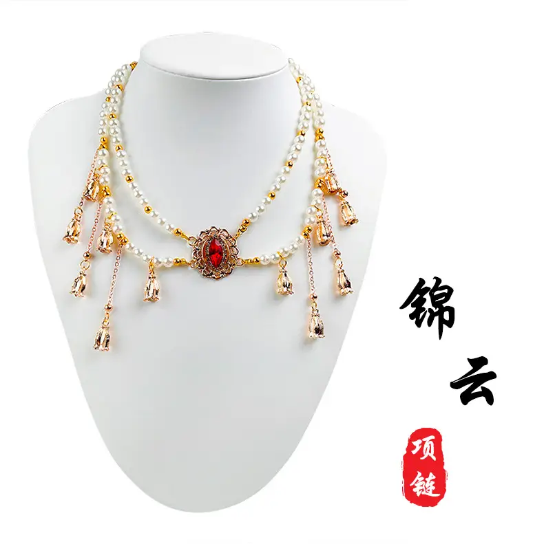 Children's Hanfu Necklace & Earrings Set Blue Light Pearl Collar Ancient Costume — feature 1