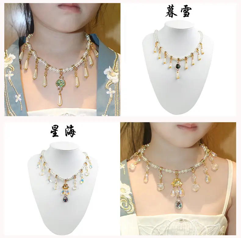 Children's Hanfu Necklace & Earrings Set Blue Light Pearl Collar Ancient Costume — feature 6