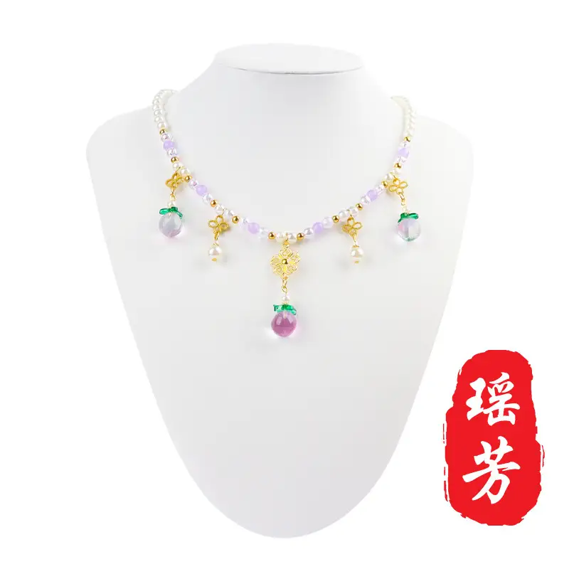 Children's Hanfu Necklace & Earrings Set Blue Light Pearl Collar Ancient Costume