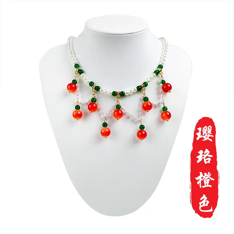Children's Hanfu Necklace & Earrings Set Blue Light Pearl Collar Ancient Costume
