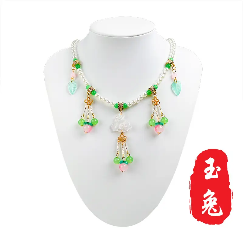 Children's Hanfu Necklace & Earrings Set Blue Light Pearl Collar Ancient Costume