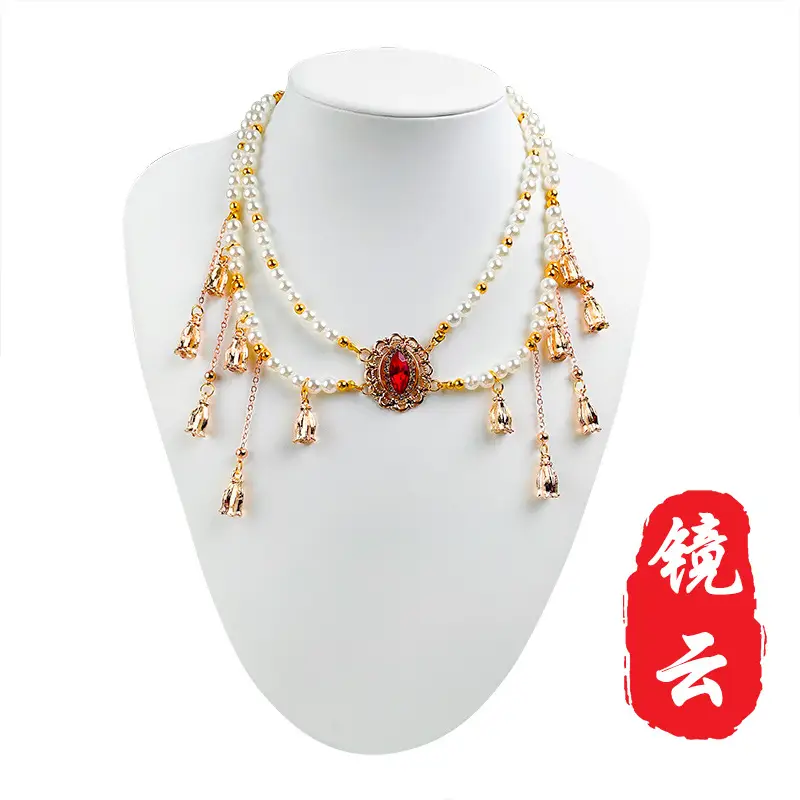 Children's Hanfu Necklace & Earrings Set Blue Light Pearl Collar Ancient Costume