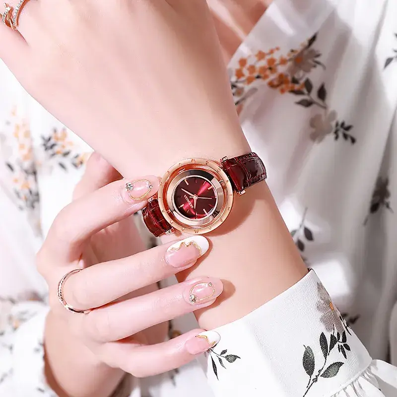 Elegant Women's Watch with Brown Leather Strap & Gold Dial - Image 3