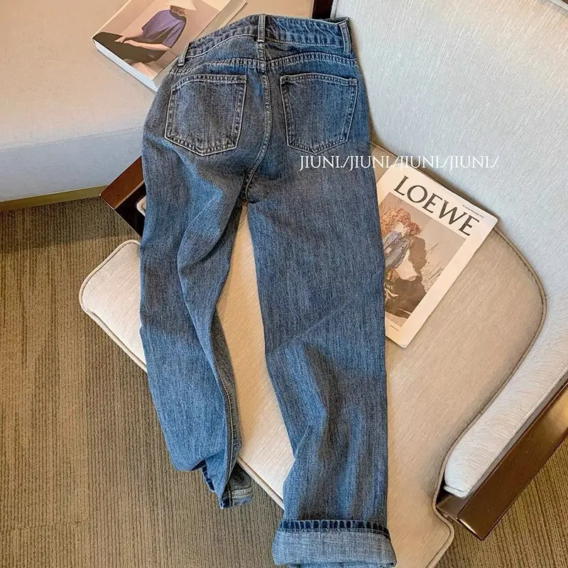 Women Retro Dark Blue Wide Leg Jeans 2022