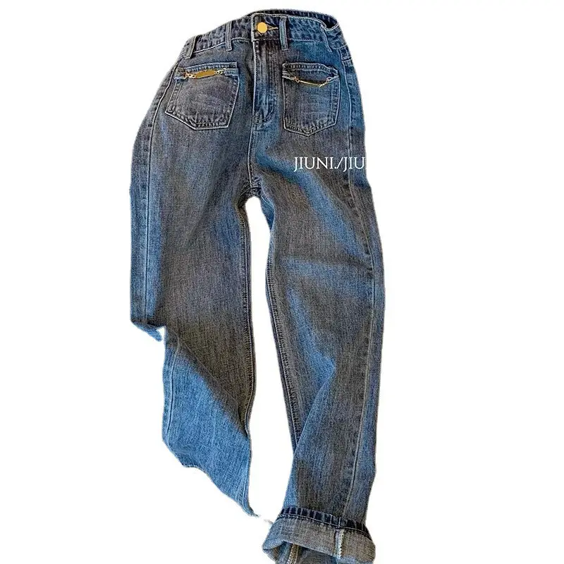 Women Retro Dark Blue Wide Leg Jeans 2022