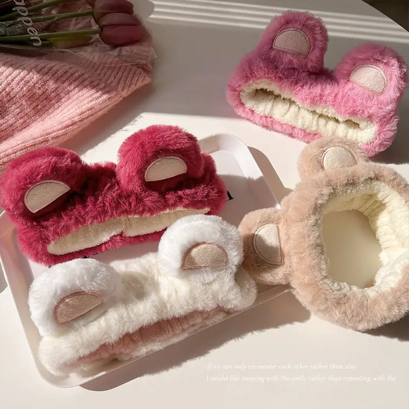 Plush Bear Hairband for Girls Pink Autumn Winter