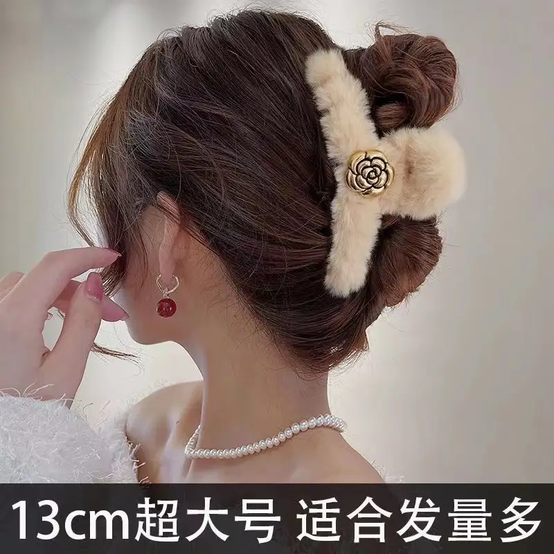 Plush Fur Hair Clip with Red Rose Design for Women - Image 28