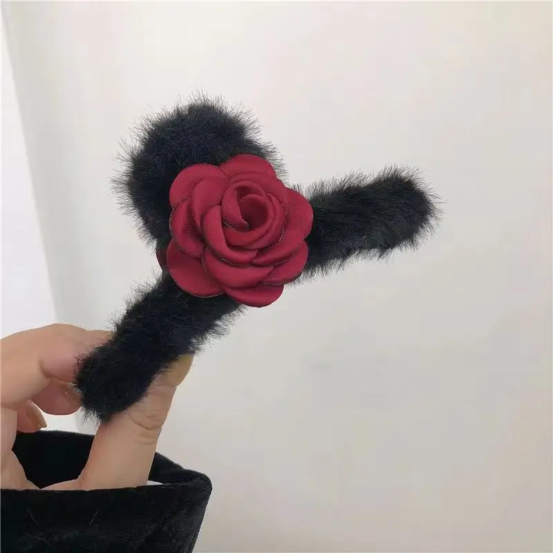 Plush Fur Hair Clip with Red Rose Design for Women - Image 31