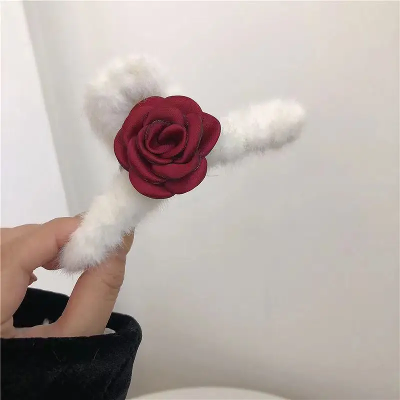 Plush Fur Hair Clip with Red Rose Design for Women - Image 32