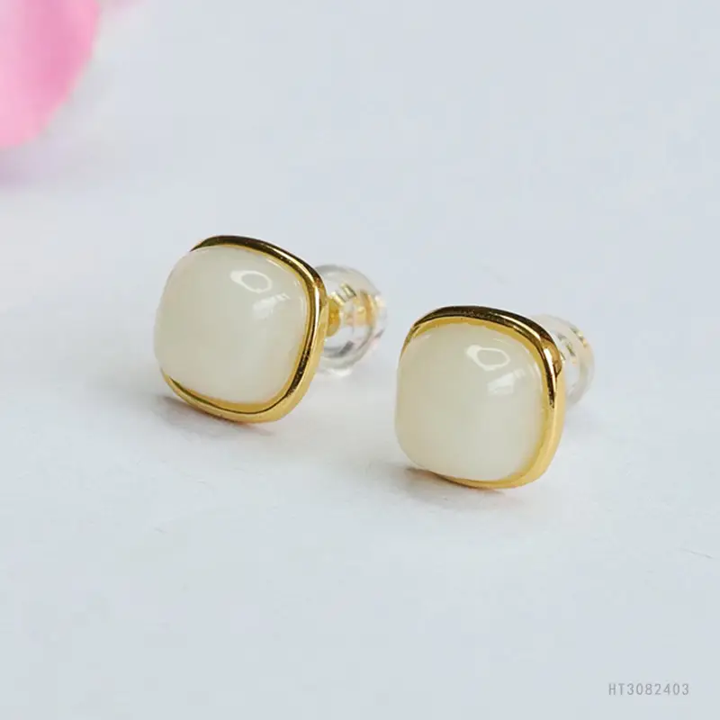 White Jade Sugar Cube Earrings with Gold Plating