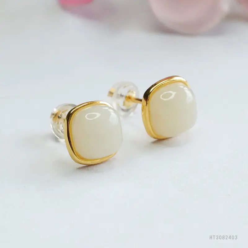 White Jade Sugar Cube Earrings with Gold Plating
