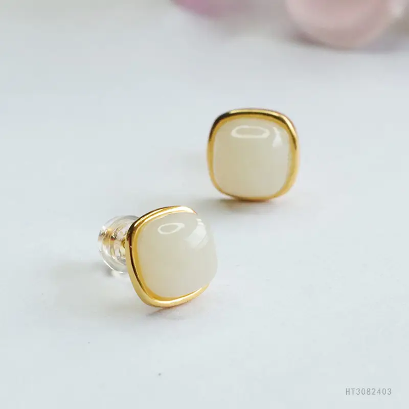 White Jade Sugar Cube Earrings with Gold Plating