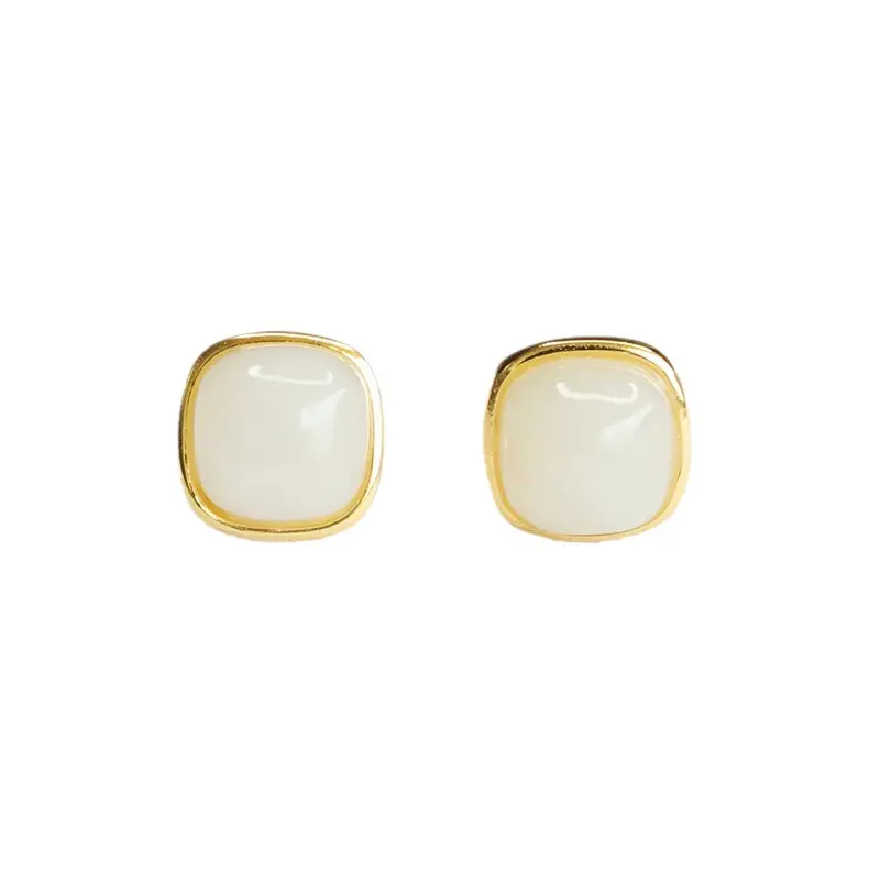 White Jade Sugar Cube Earrings with Gold Plating