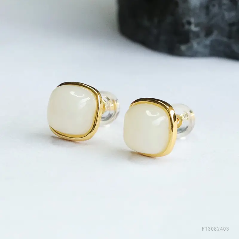 White Jade Sugar Cube Earrings with Gold Plating — feature 10