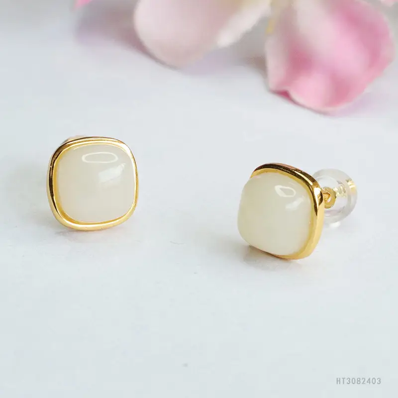 White Jade Sugar Cube Earrings with Gold Plating — feature 7
