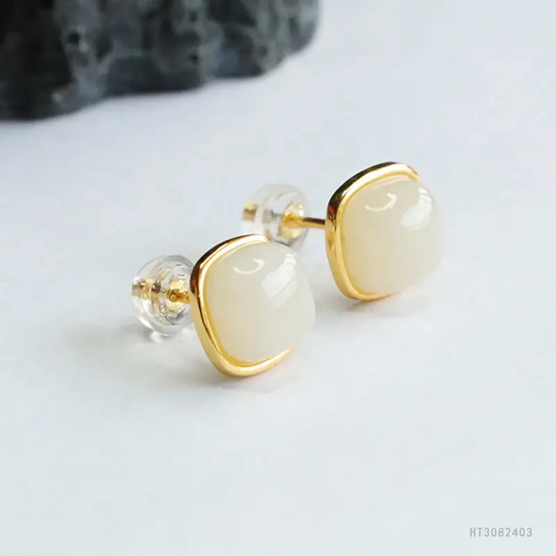 White Jade Sugar Cube Earrings with Gold Plating — feature 9