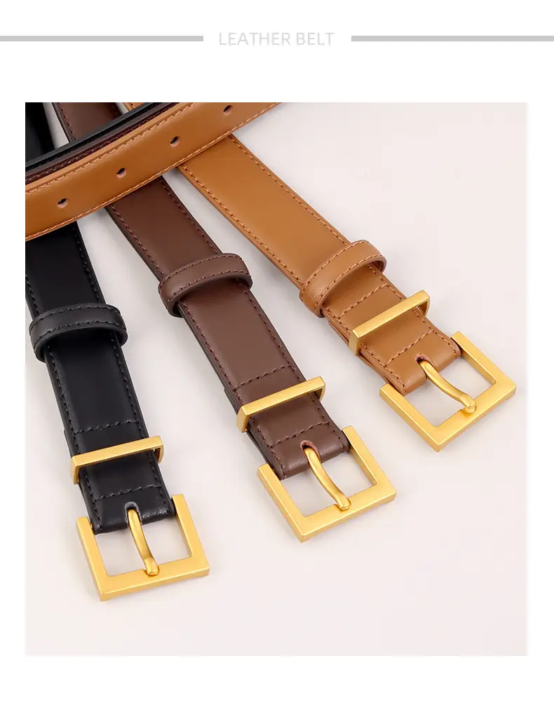 Women's Brown Genuine Leather Belt with Gold Buckle — feature 24