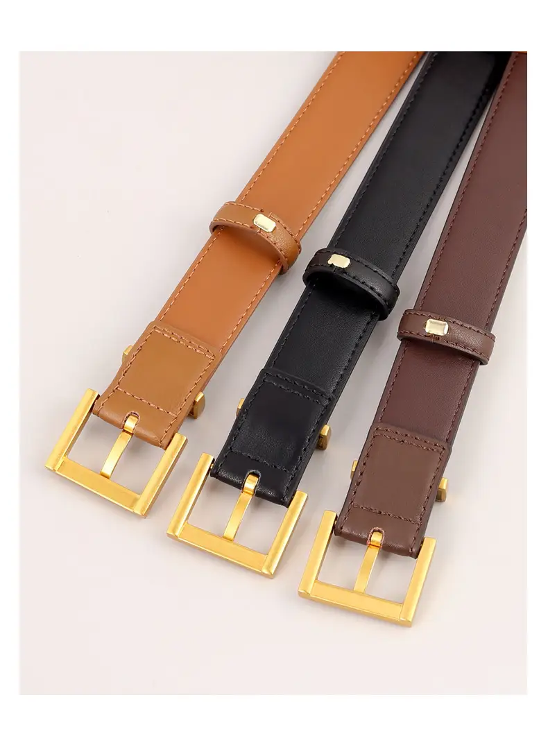Women's Brown Genuine Leather Belt with Gold Buckle — feature 27