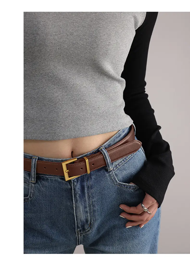 Women's Brown Genuine Leather Belt with Gold Buckle — feature 30