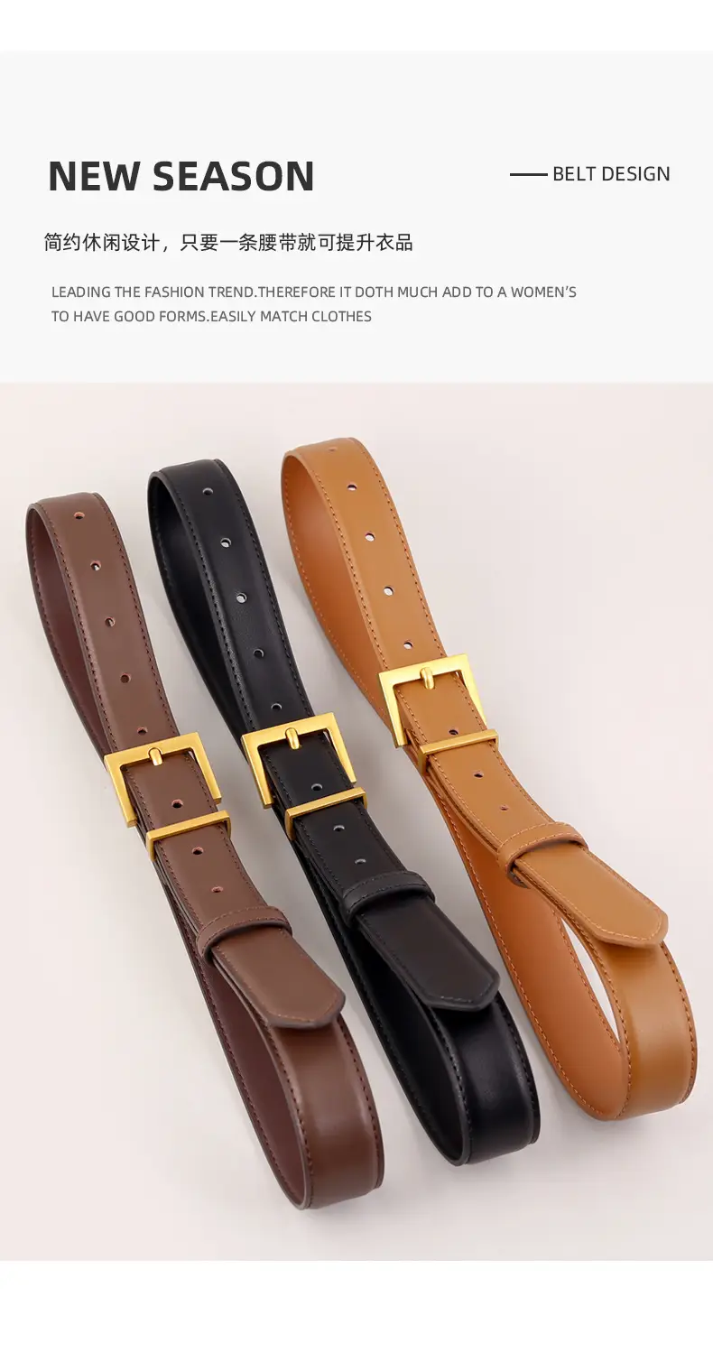Women's Brown Genuine Leather Belt with Gold Buckle — feature 31