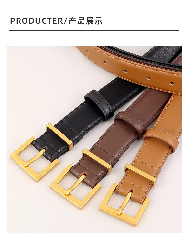 Women's Brown Genuine Leather Belt with Gold Buckle — feature 36