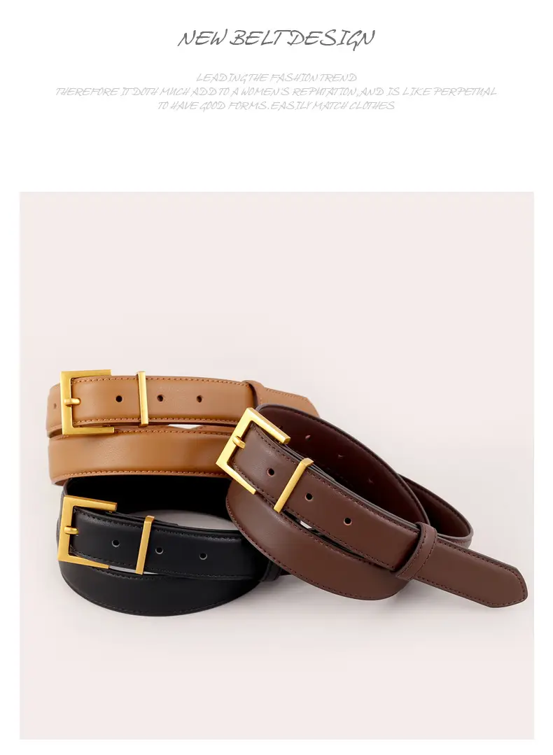 Women's Brown Genuine Leather Belt with Gold Buckle — feature 37