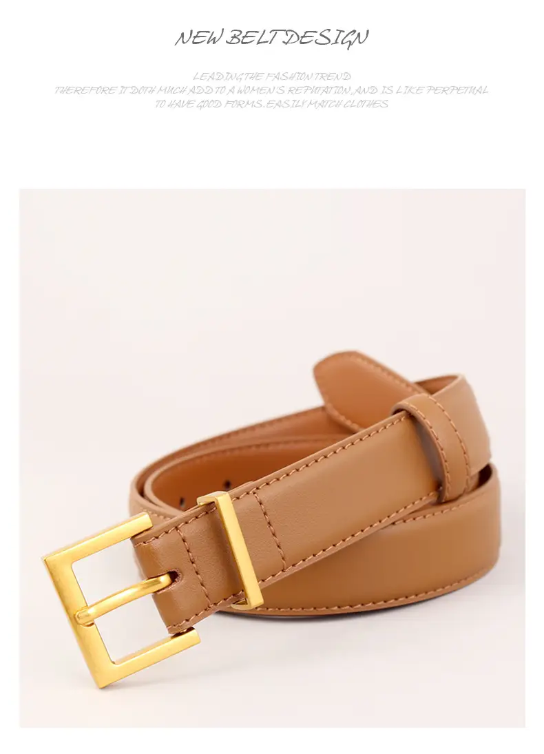 Women's Brown Genuine Leather Belt with Gold Buckle — feature 39