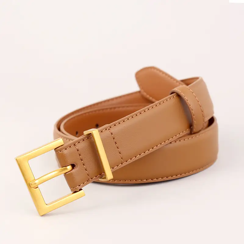 Women's Brown Genuine Leather Belt with Gold Buckle - Image 2
