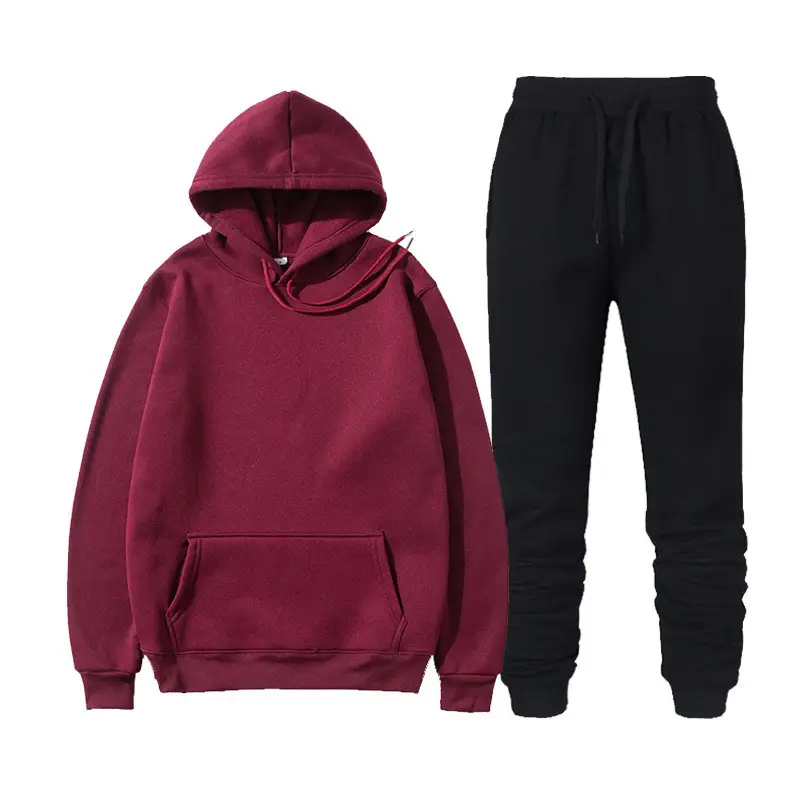 Men Fleece Hoodie Sweatpants Set Maroon - Image 24