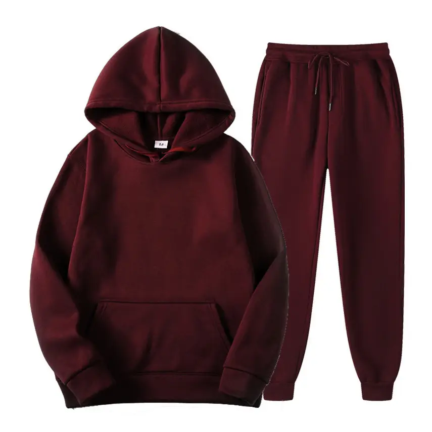 Men Fleece Hoodie Sweatpants Set Maroon - Image 8