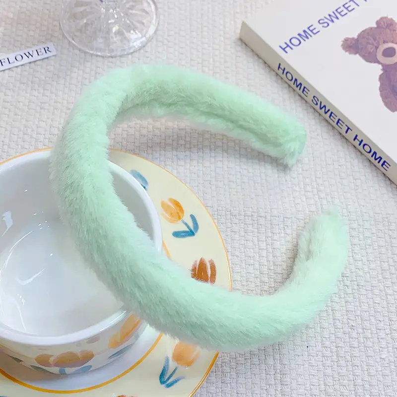 Green Furry Plush Headband for Girls Winter Use - Image 2