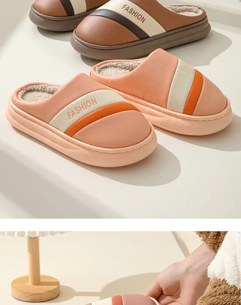 Slip-on leather cotton slippers for women autumn and winter indoor home lightweight warm fleece-lined plush shoes confinement shoes for men — feature 14