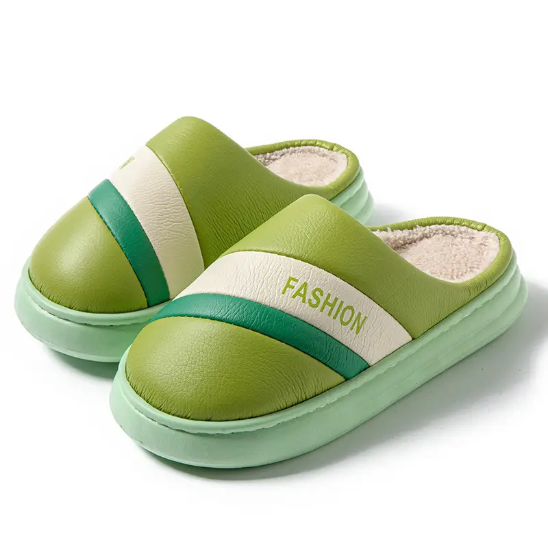 Slip-on leather cotton slippers for women autumn and winter indoor home lightweight warm fleece-lined plush shoes confinement shoes for men - Image 2