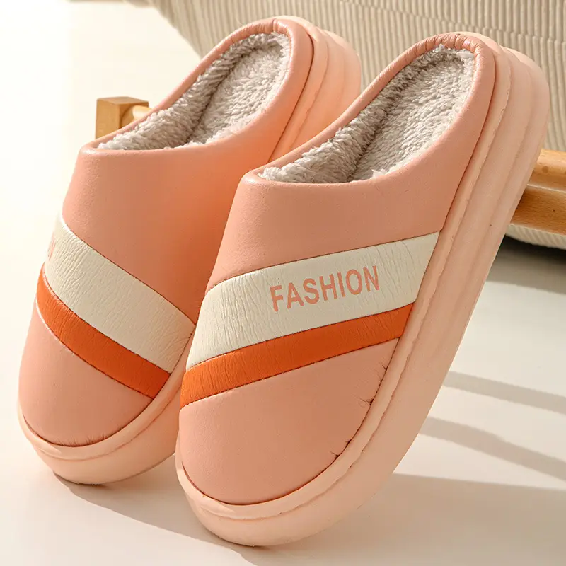 Slip-on leather cotton slippers for women autumn and winter indoor home lightweight warm fleece-lined plush shoes confinement shoes for men - Image 3