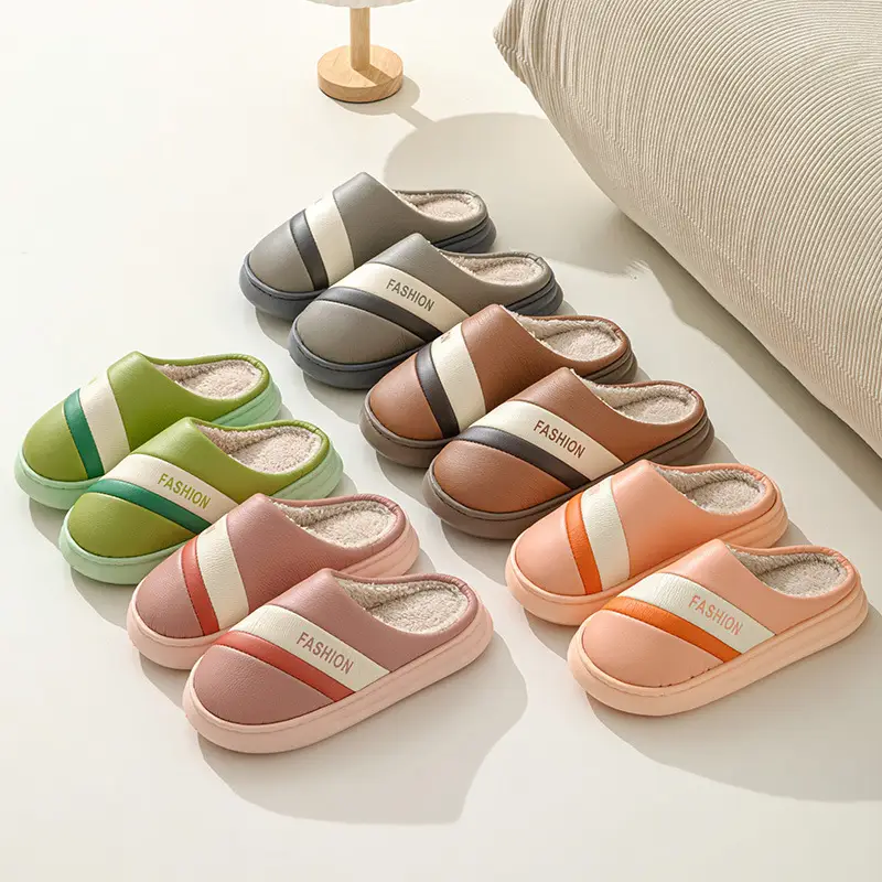 Slip-on leather cotton slippers for women autumn and winter indoor home lightweight warm fleece-lined plush shoes confinement shoes for men - Image 5