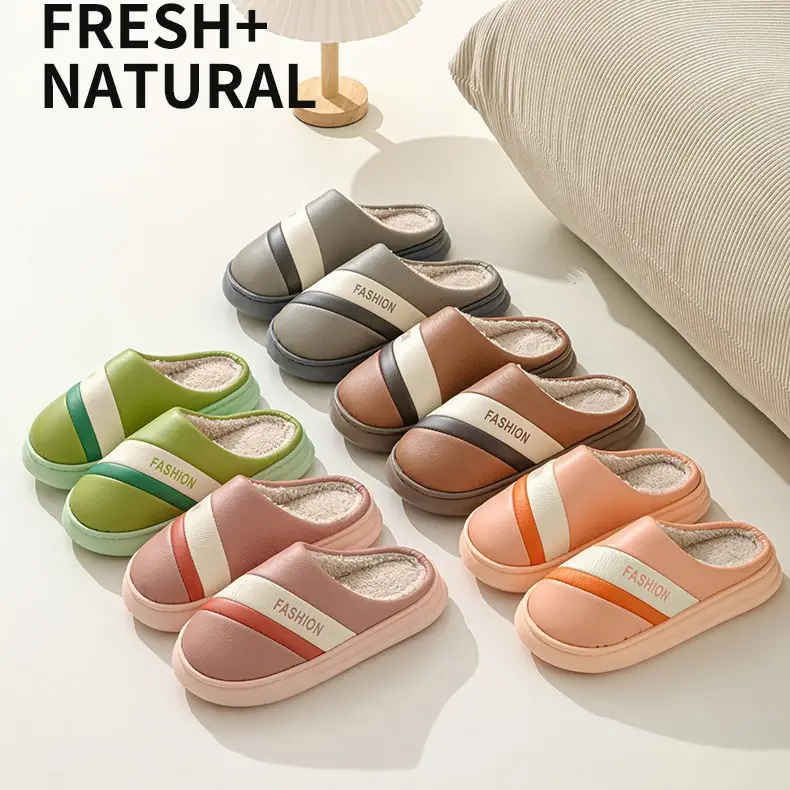 Slip-on leather cotton slippers for women autumn and winter indoor home lightweight warm fleece-lined plush shoes confinement shoes for men - Image 6