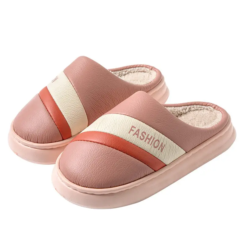 Slip-on leather cotton slippers for women autumn and winter indoor home lightweight warm fleece-lined plush shoes confinement shoes for men - Image 7