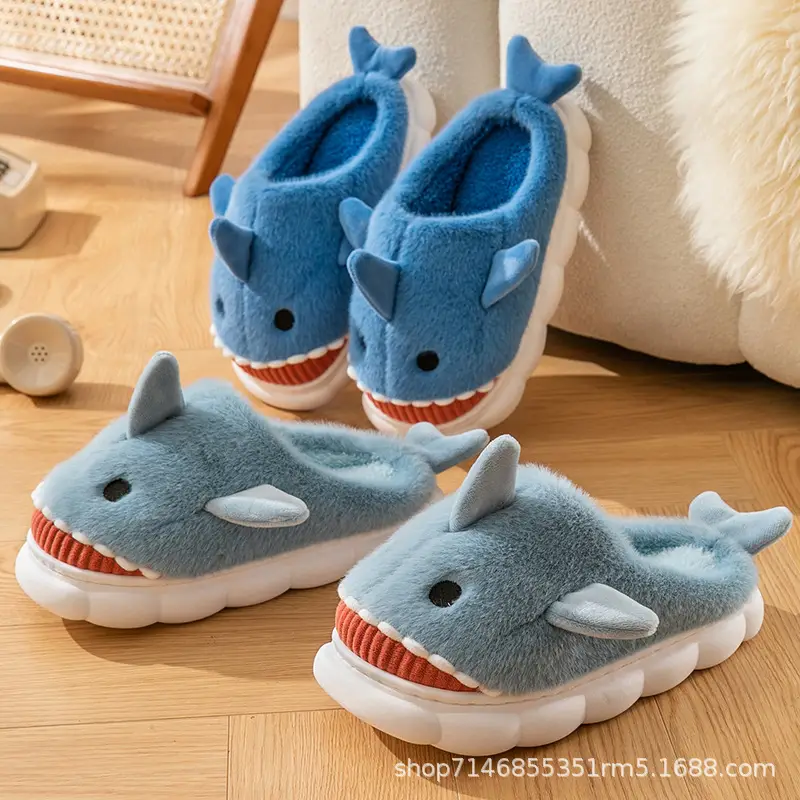 Cotton slippers women's winter Internet celebrity Three-dimensional shark cartoon cute fleece-lined thick non-slip mute home warm cotton shoes