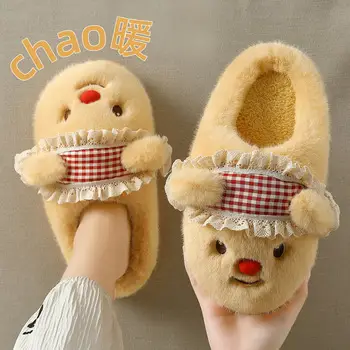White Cartoon Bear Cotton Slippers for Women Winter — feature 7