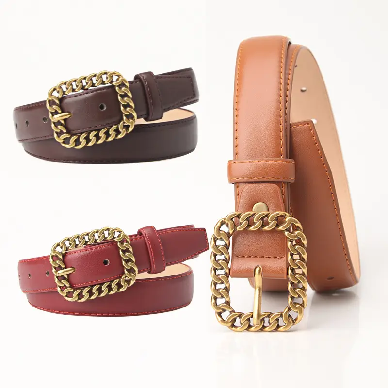 Women's Brown Leather Belt with Gold Chain Buckle - Image 6