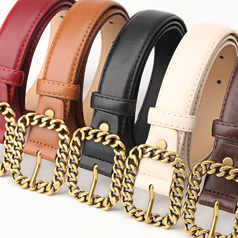 Women's Brown Leather Belt with Gold Chain Buckle - Image 7