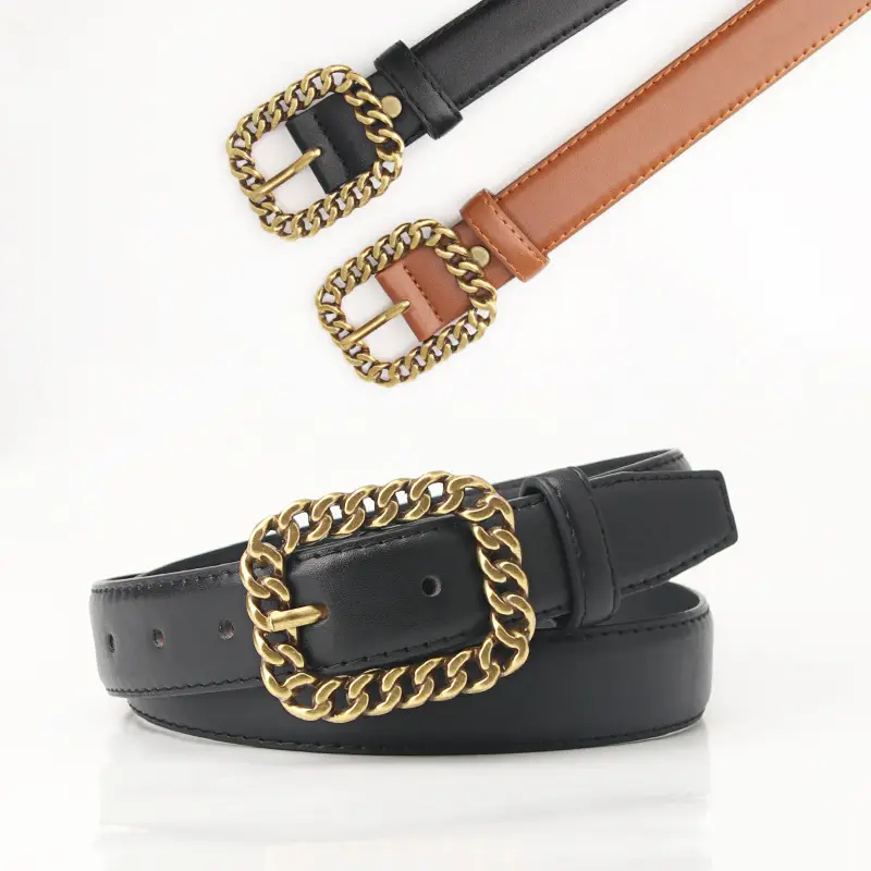 Women's Brown Leather Belt with Gold Chain Buckle - Image 8