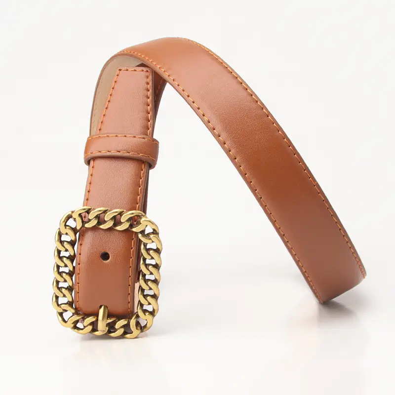 Women's Brown Leather Belt with Gold Chain Buckle - Image 9