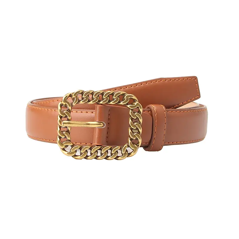 Women's Brown Leather Belt with Gold Chain Buckle - Image 10