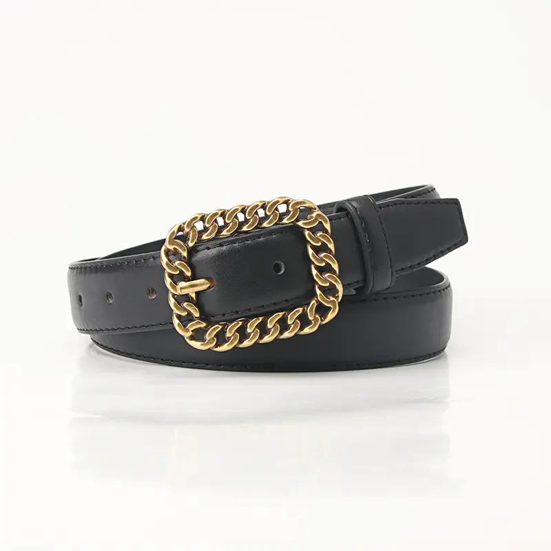 Women's Brown Leather Belt with Gold Chain Buckle