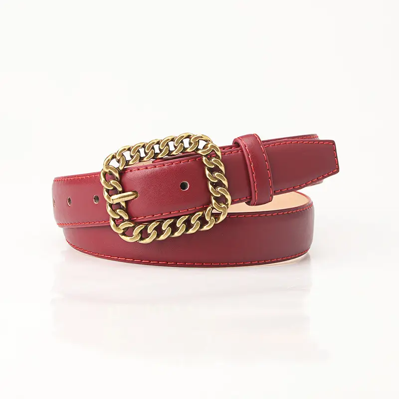 Women's Brown Leather Belt with Gold Chain Buckle - Image 2