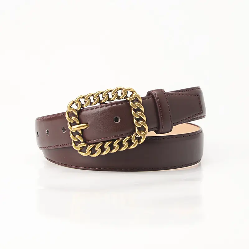 Women's Brown Leather Belt with Gold Chain Buckle - Image 3