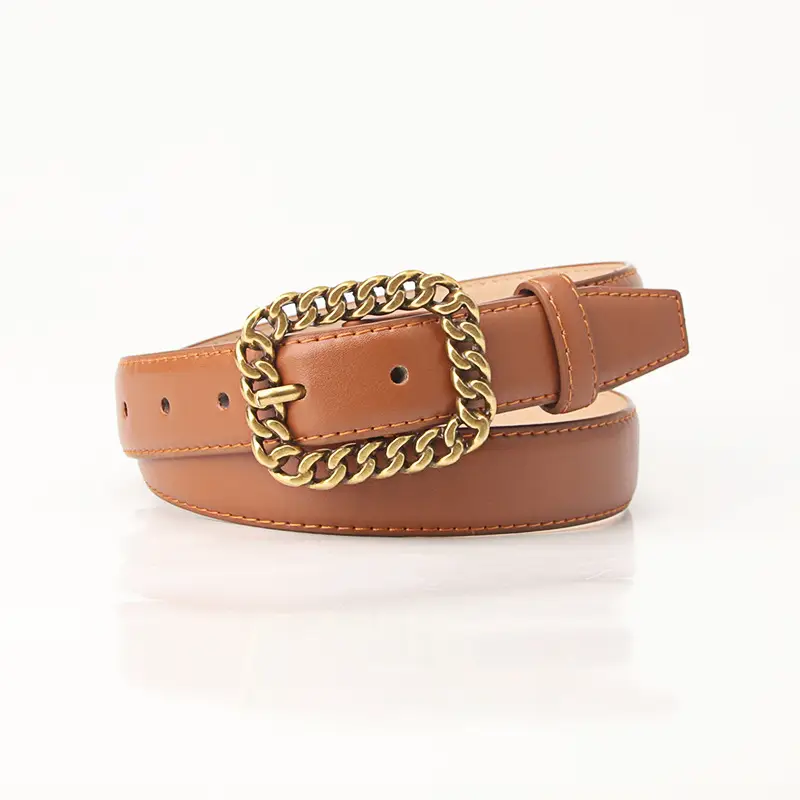 Women's Brown Leather Belt with Gold Chain Buckle - Image 4