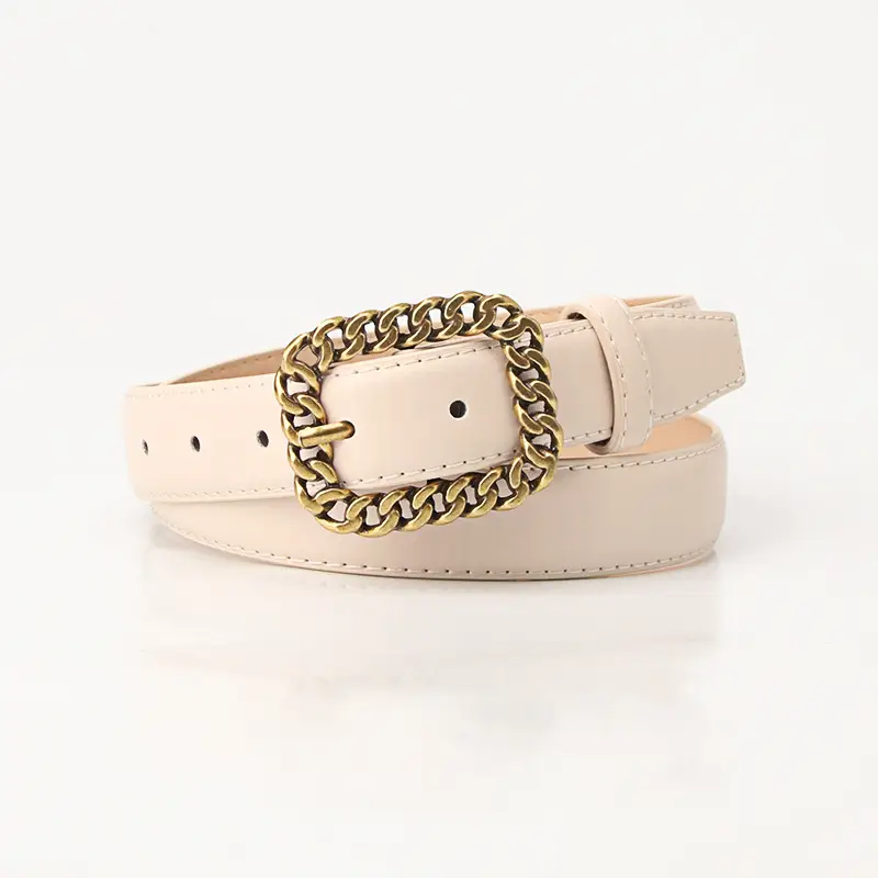 Women's Brown Leather Belt with Gold Chain Buckle - Image 5